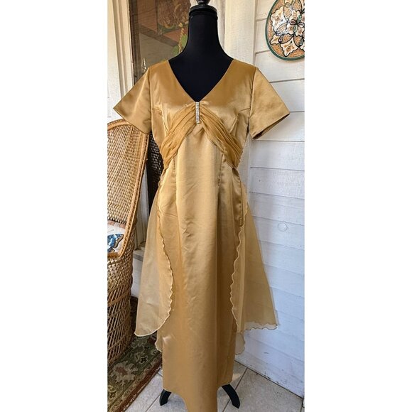 Vintage 60's Gold Satin Organza Formal Dress Rhinestones Bow Back M/L - Picture 11 of 16